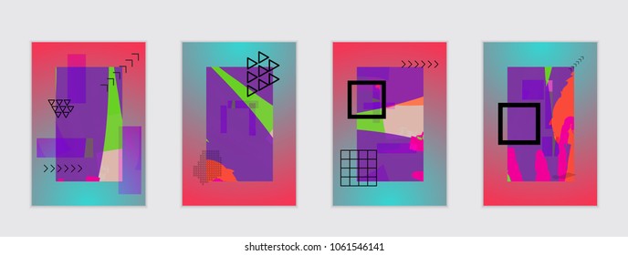 Set of artistic abstract universal card templates with simple geometric shapes and hand drawn doodle texture. Social media web banner. Bright colored isolated on white background cover template.