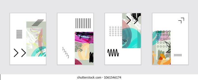 Set of artistic abstract universal card templates with simple geometric shapes and hand drawn doodle texture. Social media web banner. Bright colored isolated on white background cover template.
