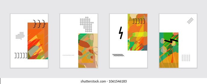 Set of artistic abstract universal card templates with simple geometric shapes and hand drawn doodle texture. Social media web banner. Bright colored isolated on white background cover template.