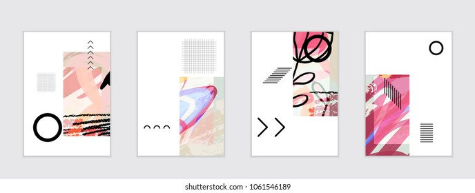 Set of artistic abstract universal card templates with simple geometric shapes and hand drawn doodle texture. Social media web banner. Bright colored isolated on white background cover template.