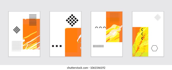 Set of artistic abstract universal card templates with simple geometric shapes and hand drawn doodle texture. Social media web banner. Bright colored isolated on white background cover template.