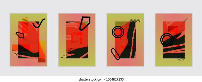 Set of artistic abstract universal card templates with simple geometric shapes and hand drawn doodle texture. Social media web banner. Bright colored isolated on white background cover template.