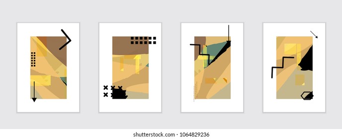 Set of artistic abstract universal card templates with simple geometric shapes and hand drawn doodle texture. Social media web banner. Bright colored isolated on white background cover template.