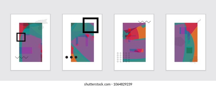Set of artistic abstract universal card templates with simple geometric shapes and hand drawn doodle texture. Social media web banner. Bright colored isolated on white background cover template.