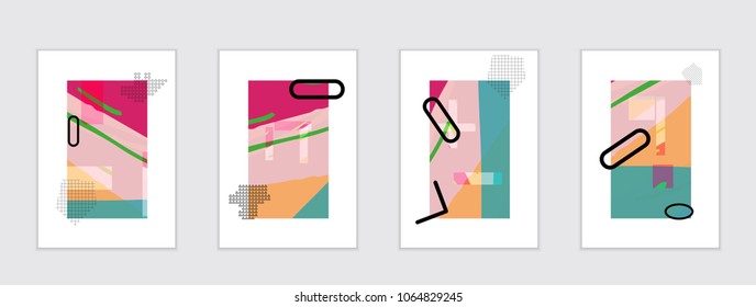 Set of artistic abstract universal card templates with simple geometric shapes and hand drawn doodle texture. Social media web banner. Bright colored isolated on white background cover template.