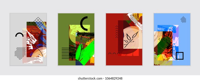 Set of artistic abstract universal card templates with simple geometric shapes and hand drawn doodle texture. Social media web banner. Bright colored isolated on white background cover template.