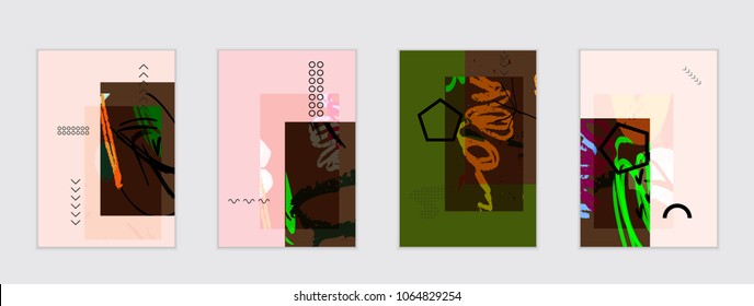 Set of artistic abstract universal card templates with simple geometric shapes and hand drawn doodle texture. Social media web banner. Bright colored isolated on white background cover template.
