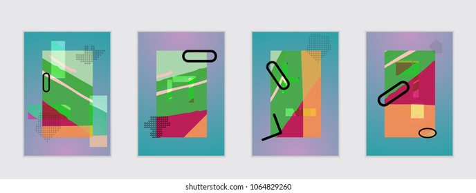 Set of artistic abstract universal card templates with simple geometric shapes and hand drawn doodle texture. Social media web banner. Bright colored isolated on white background cover template.