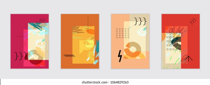 Set of artistic abstract universal card templates with simple geometric shapes and hand drawn doodle texture. Social media web banner. Bright colored isolated on white background cover template.