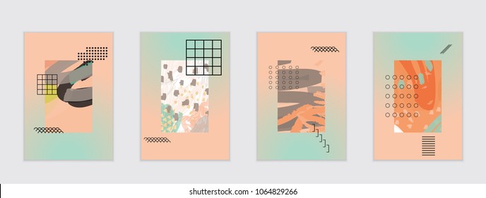 Set of artistic abstract universal card templates with simple geometric shapes and hand drawn doodle texture. Social media web banner. Bright colored isolated on white background cover template.