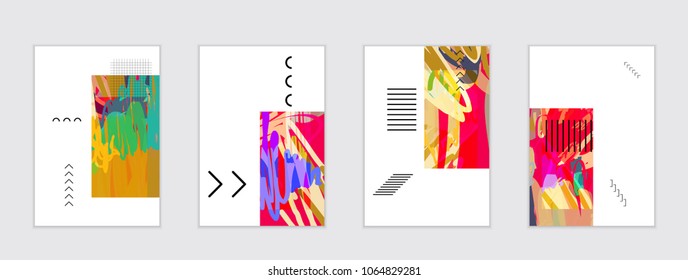 Set of artistic abstract universal card templates with simple geometric shapes and hand drawn doodle texture. Social media web banner. Bright colored isolated on white background cover template.