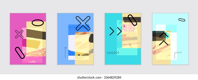 Set of artistic abstract universal card templates with simple geometric shapes and hand drawn doodle texture. Social media web banner. Bright colored isolated on white background cover template.