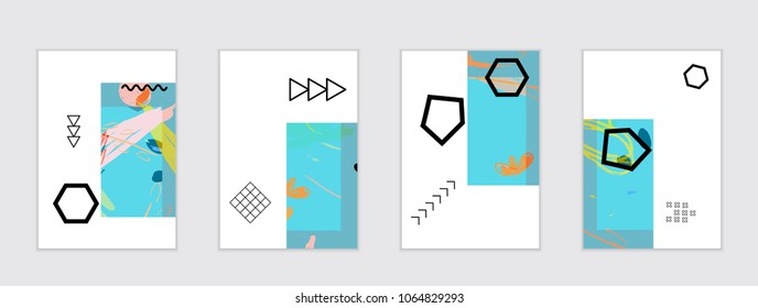 Set of artistic abstract universal card templates with simple geometric shapes and hand drawn doodle texture. Social media web banner. Bright colored isolated on white background cover template.