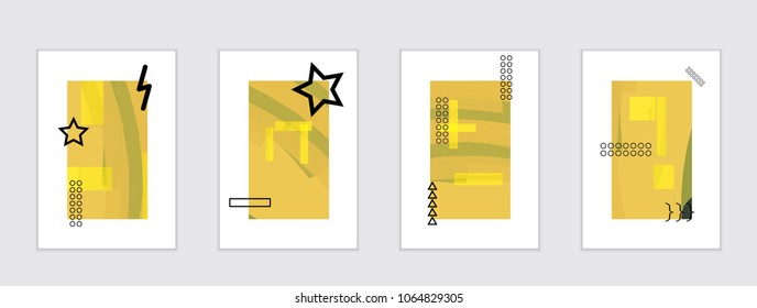 Set of artistic abstract universal card templates with simple geometric shapes and hand drawn doodle texture. Social media web banner. Bright colored isolated on white background cover template.