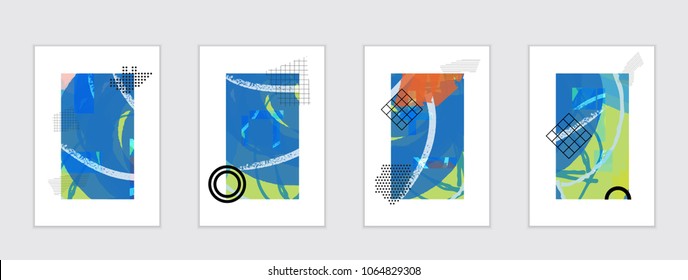Set of artistic abstract universal card templates with simple geometric shapes and hand drawn doodle texture. Social media web banner. Bright colored isolated on white background cover template.