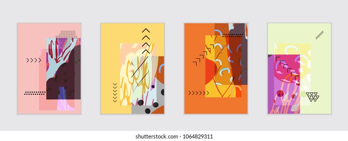 Set of artistic abstract universal card templates with simple geometric shapes and hand drawn doodle texture. Social media web banner. Bright colored isolated on white background cover template.