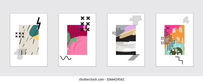 Set of artistic abstract universal card templates with simple geometric shapes and hand drawn doodle texture. Social media web banner. Bright colored isolated on white background cover template.