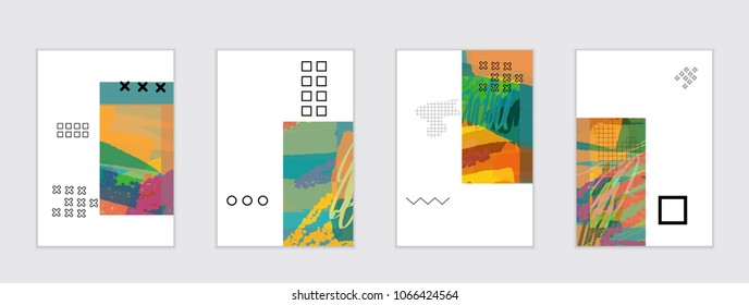 Set of artistic abstract universal card templates with simple geometric shapes and hand drawn doodle texture. Social media web banner. Bright colored isolated on white background cover template.