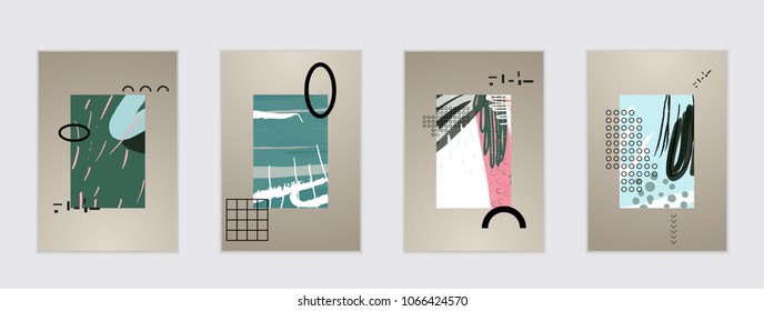 Set of artistic abstract universal card templates with simple geometric shapes and hand drawn doodle texture. Social media web banner. Bright colored isolated on white background cover template.
