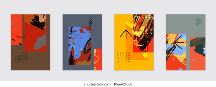Set of artistic abstract universal card templates with simple geometric shapes and hand drawn doodle texture. Social media web banner. Bright colored isolated on white background cover template.