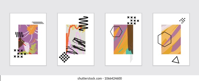 Set of artistic abstract universal card templates with simple geometric shapes and hand drawn doodle texture. Social media web banner. Bright colored isolated on white background cover template.