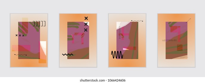 Set of artistic abstract universal card templates with simple geometric shapes and hand drawn doodle texture. Social media web banner. Bright colored isolated on white background cover template.