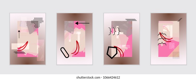 Set of artistic abstract universal card templates with simple geometric shapes and hand drawn doodle texture. Social media web banner. Bright colored isolated on white background cover template.