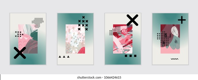 Set of artistic abstract universal card templates with simple geometric shapes and hand drawn doodle texture. Social media web banner. Bright colored isolated on white background cover template.