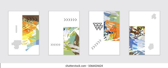 Set of artistic abstract universal card templates with simple geometric shapes and hand drawn doodle texture. Social media web banner. Bright colored isolated on white background cover template.
