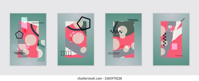 Set of artistic abstract universal card templates with simple geometric shapes and hand drawn doodle texture. Social media web banner. Bright colored isolated on white background cover template.
