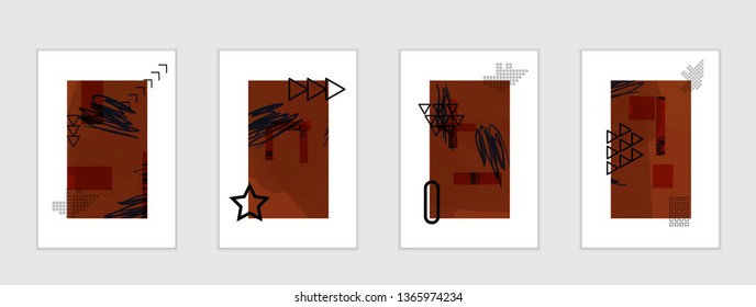 Set of artistic abstract universal card templates with simple geometric shapes and hand drawn doodle texture. Social media web banner. Bright colored isolated on white background cover template.