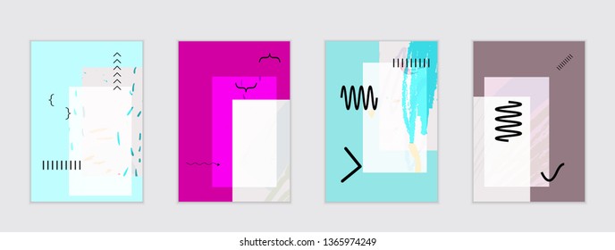 Set of artistic abstract universal card templates with simple geometric shapes and hand drawn doodle texture. Social media web banner. Bright colored isolated on white background cover template.