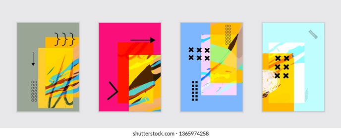 Set of artistic abstract universal card templates with simple geometric shapes and hand drawn doodle texture. Social media web banner. Bright colored isolated on white background cover template.