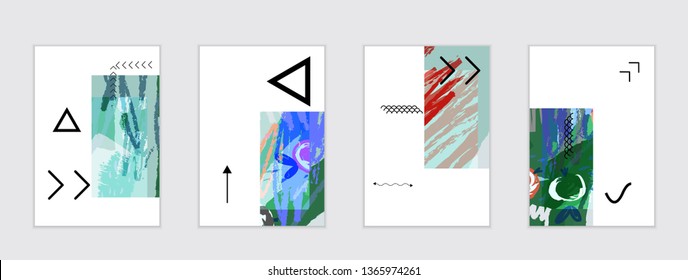 Set of artistic abstract universal card templates with simple geometric shapes and hand drawn doodle texture. Social media web banner. Bright colored isolated on white background cover template.