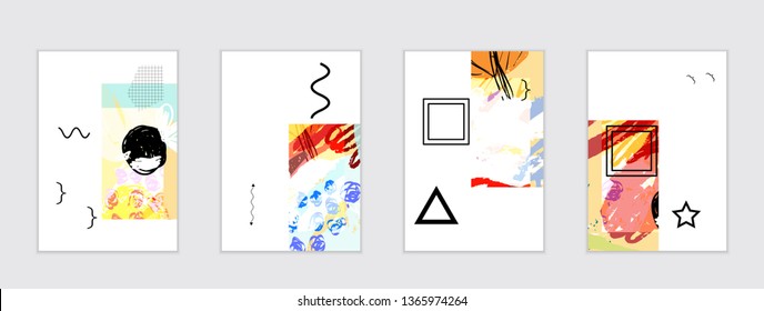 Set of artistic abstract universal card templates with simple geometric shapes and hand drawn doodle texture. Social media web banner. Bright colored isolated on white background cover template.