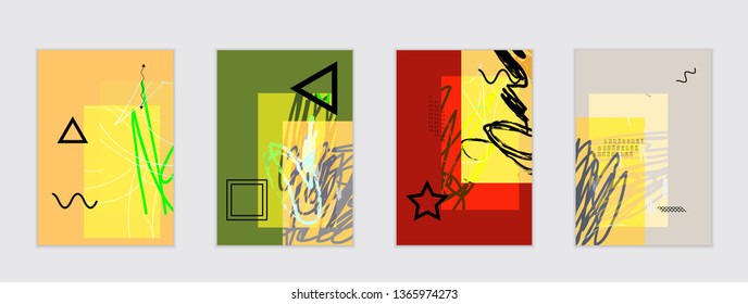 Set of artistic abstract universal card templates with simple geometric shapes and hand drawn doodle texture. Social media web banner. Bright colored isolated on white background cover template.