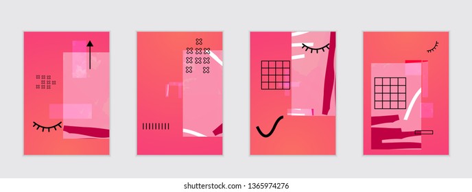 Set of artistic abstract universal card templates with simple geometric shapes and hand drawn doodle texture. Social media web banner. Bright colored isolated on white background cover template.