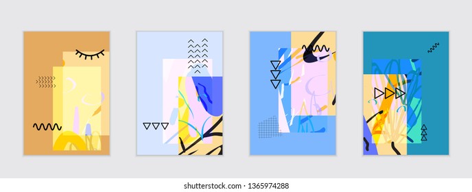 Set of artistic abstract universal card templates with simple geometric shapes and hand drawn doodle texture. Social media web banner. Bright colored isolated on white background cover template.