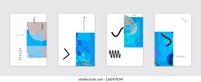 Set of artistic abstract universal card templates with simple geometric shapes and hand drawn doodle texture. Social media web banner. Bright colored isolated on white background cover template.