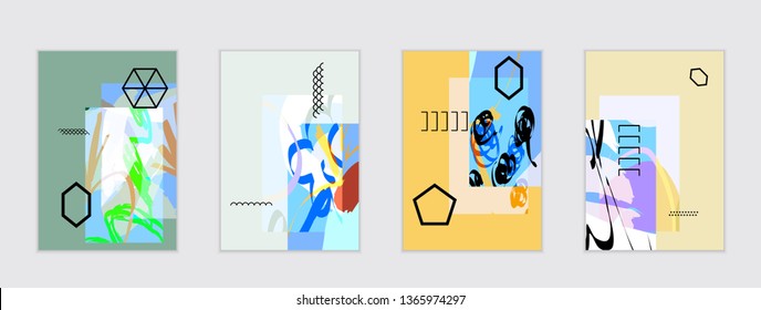 Set of artistic abstract universal card templates with simple geometric shapes and hand drawn doodle texture. Social media web banner. Bright colored isolated on white background cover template.