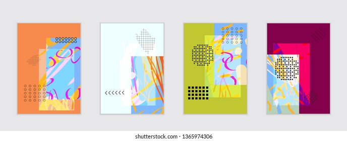 Set of artistic abstract universal card templates with simple geometric shapes and hand drawn doodle texture. Social media web banner. Bright colored isolated on white background cover template.