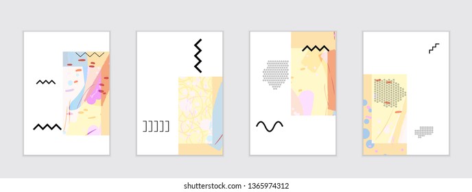 Set of artistic abstract universal card templates with simple geometric shapes and hand drawn doodle texture. Social media web banner. Bright colored isolated on white background cover template.