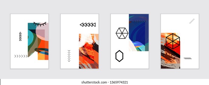 Set of artistic abstract universal card templates with simple geometric shapes and hand drawn doodle texture. Social media web banner. Bright colored isolated on white background cover template.