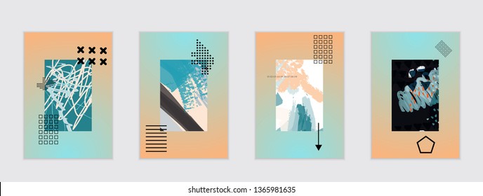 Set of artistic abstract universal card templates with simple geometric shapes and hand drawn doodle texture. Social media web banner. Bright colored isolated on white background cover template.