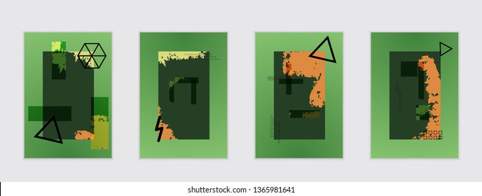 Set of artistic abstract universal card templates with simple geometric shapes and hand drawn doodle texture. Social media web banner. Bright colored isolated on white background cover template.