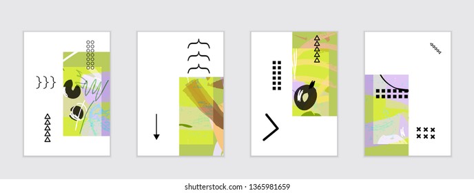 Set of artistic abstract universal card templates with simple geometric shapes and hand drawn doodle texture. Social media web banner. Bright colored isolated on white background cover template.