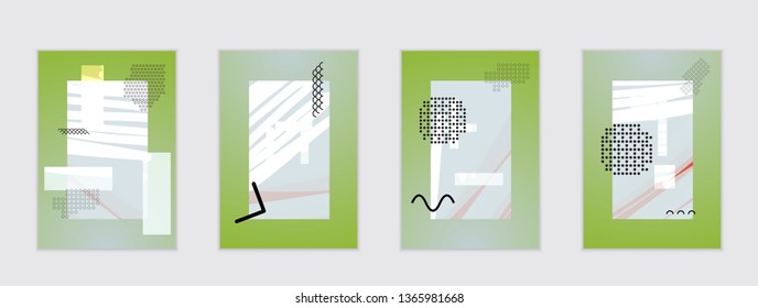 Set of artistic abstract universal card templates with simple geometric shapes and hand drawn doodle texture. Social media web banner. Bright colored isolated on white background cover template.