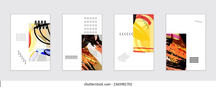 Set of artistic abstract universal card templates with simple geometric shapes and hand drawn doodle texture. Social media web banner. Bright colored isolated on white background cover template.