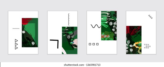 Set of artistic abstract universal card templates with simple geometric shapes and hand drawn doodle texture. Social media web banner. Bright colored isolated on white background cover template.