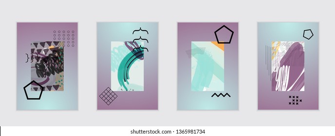 Set of artistic abstract universal card templates with simple geometric shapes and hand drawn doodle texture. Social media web banner. Bright colored isolated on white background cover template.